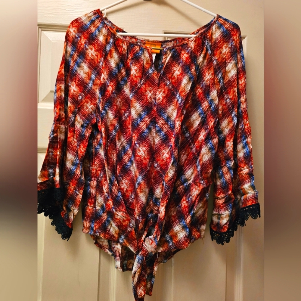 Ruby Rd. Red and Blue Plaid Blouse with Black Lace